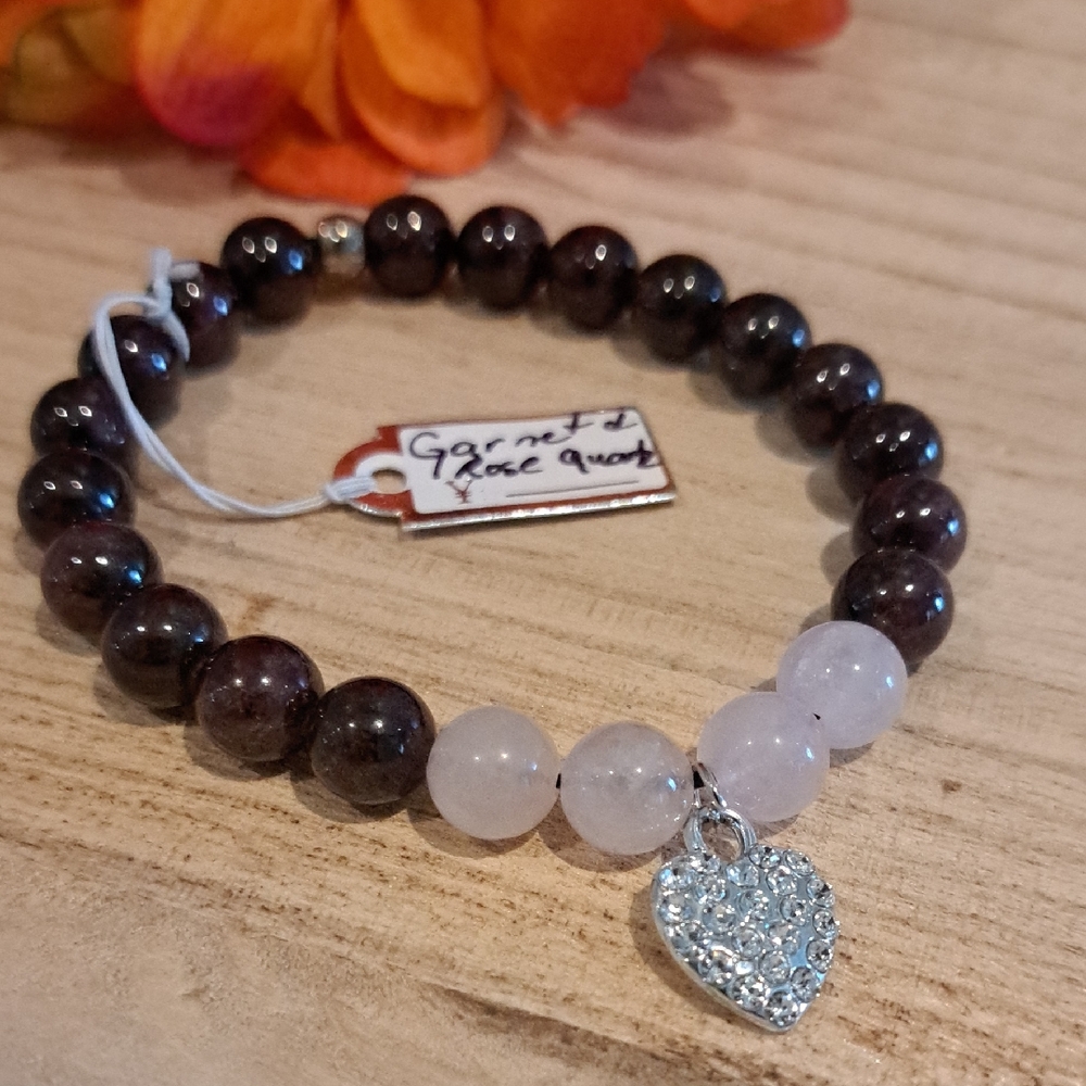 Garnet and Rose Quartz Bracelet with Heart Charm